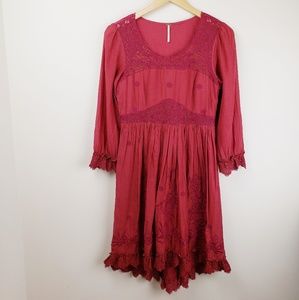 Free People Crimson Embroidered Peasant Dress